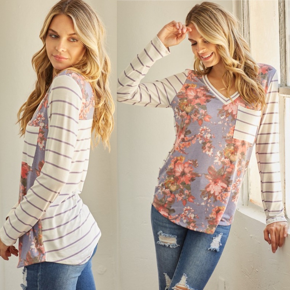 Anthropologie Lavender Floral & Stripe V-Neck Long Sleeve Top